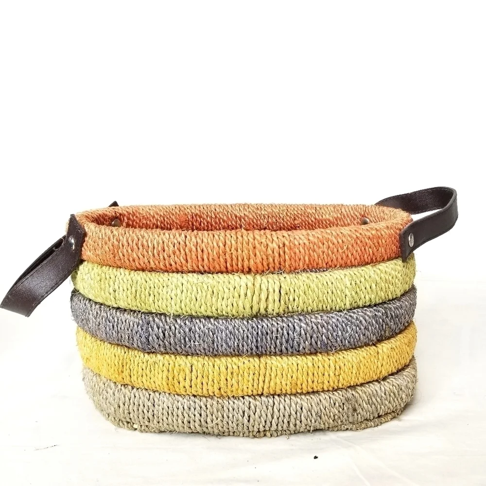 Unique Beautiful Earth Tone Multicolored Wooven Jute Basket with Leather Handles